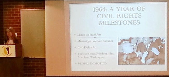 Dr. Cate Fosl, keynoter at KATH Annual Meeting 2014, showing a slide on the importance of 1964 in the Civil Rights Movement